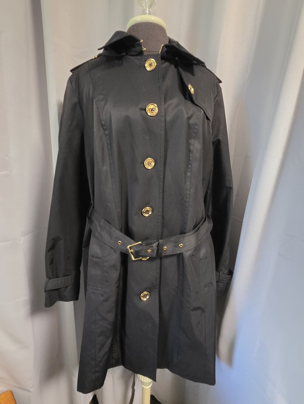 Micheal Kors Black Women's Trench rain Coat with Gold Hardware L